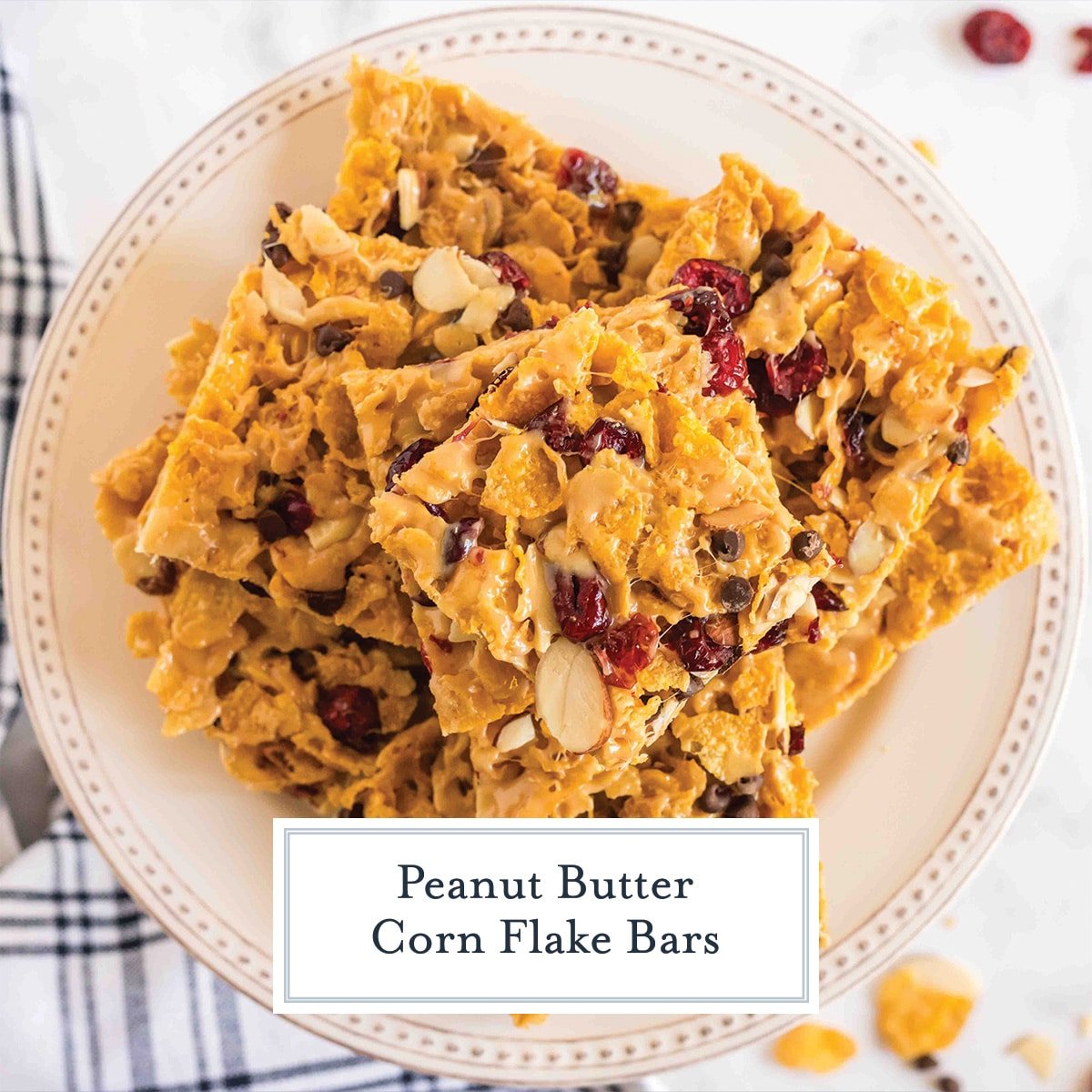 overhead of peanut butter corn flake bars on a platter