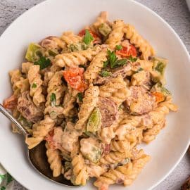 overhead shot of pasta in a white bowl