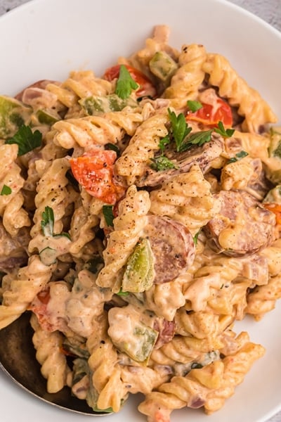 overhead shot of pasta in a white bowl