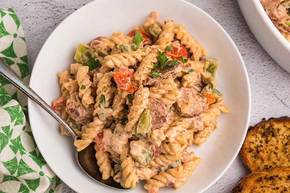 overhead shot of pasta in a white bowl