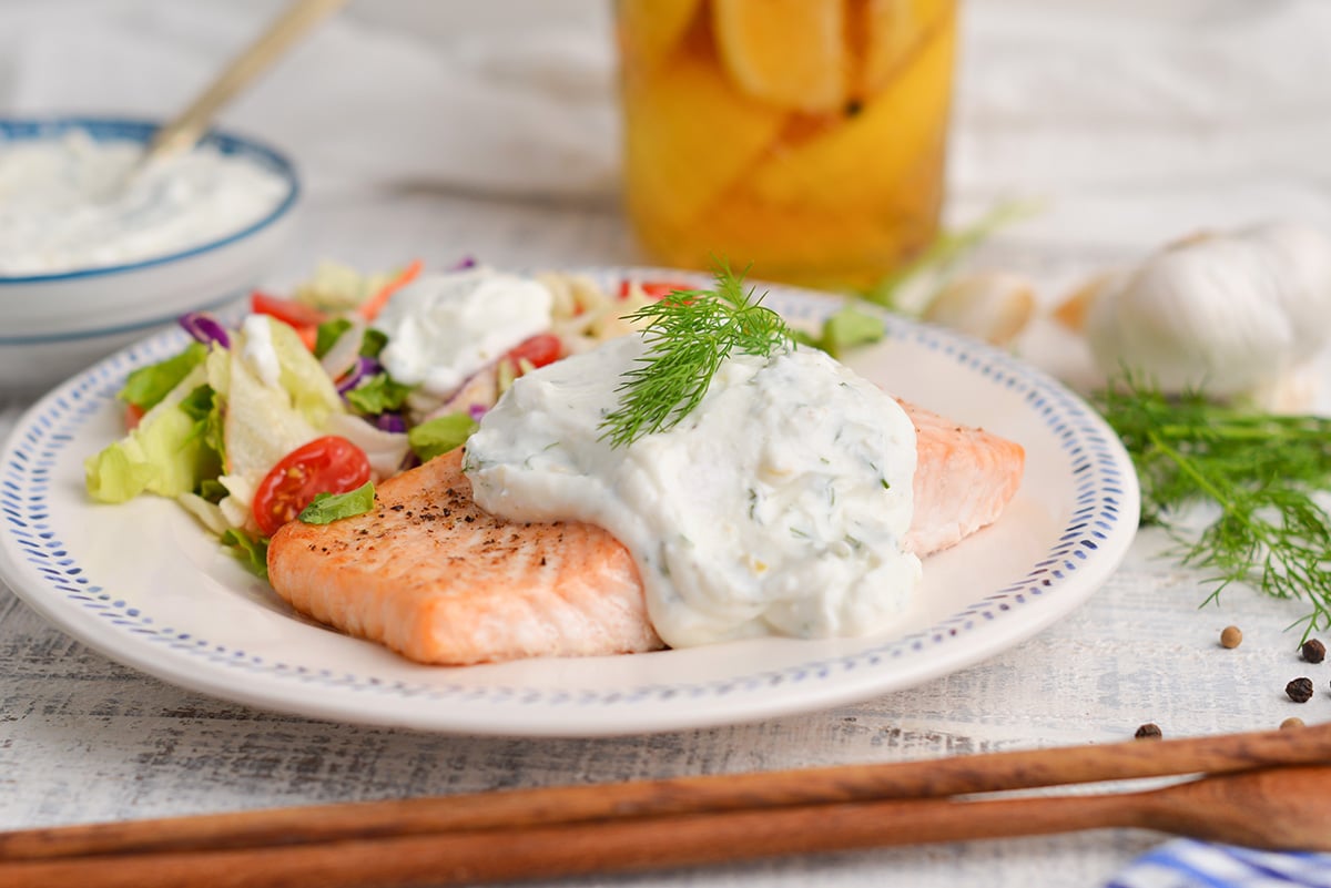 straight on shot of creamy dill salmon on plate