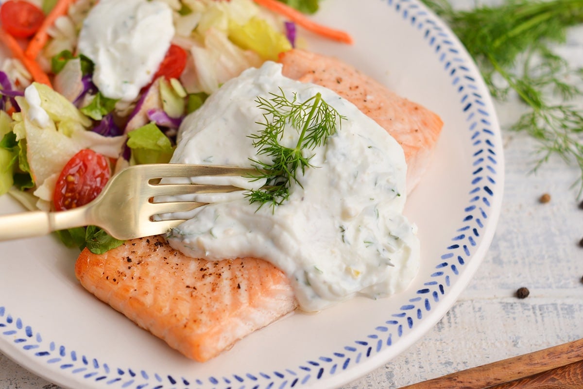 fork digging into creamy salmon