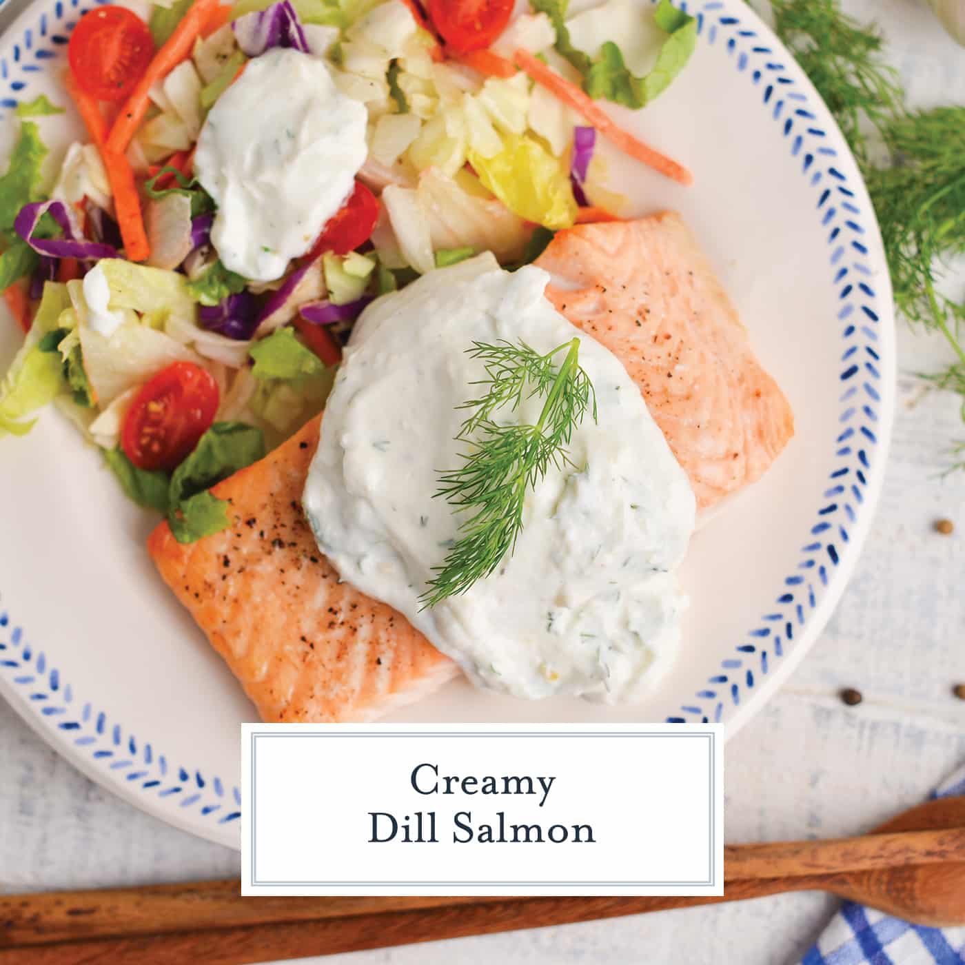 overhead shot of creamy dill salmon with text overlay for facebook