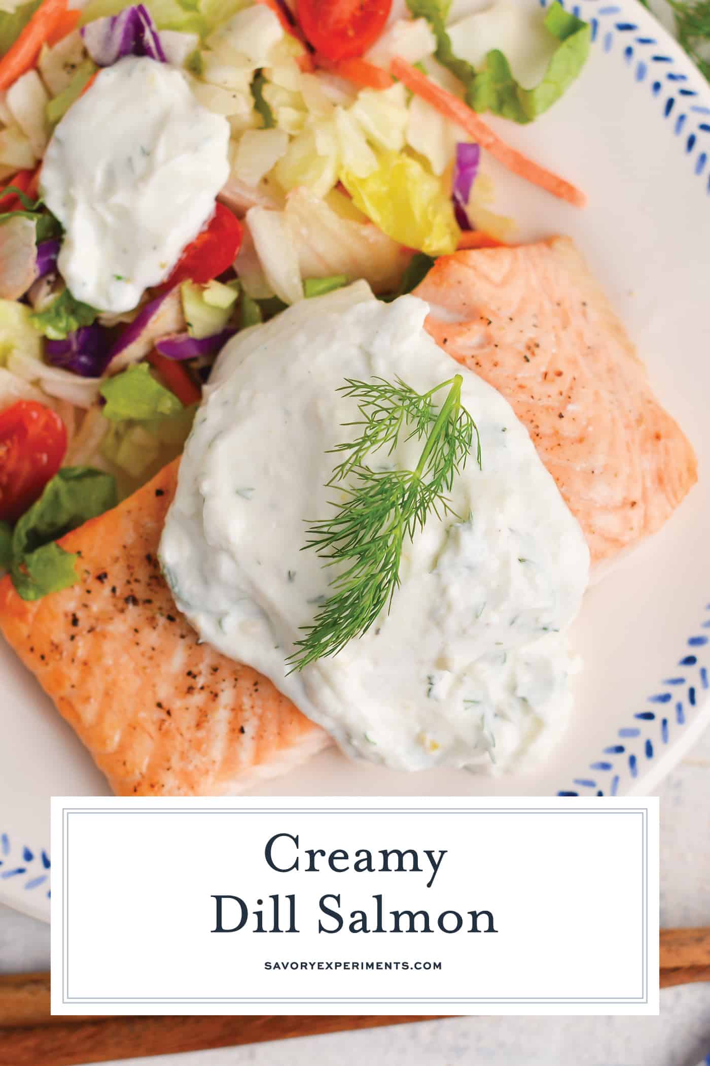 overhead shot creamy dill salmon with text overlay for pinterest