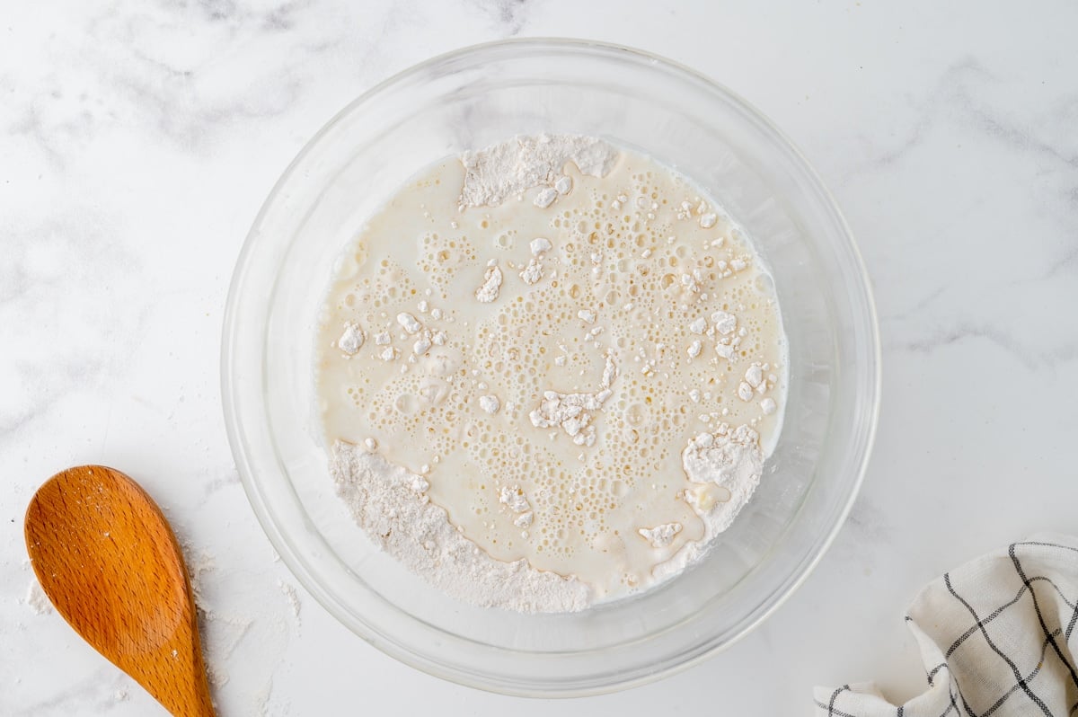 milk added to flour and butter mixture