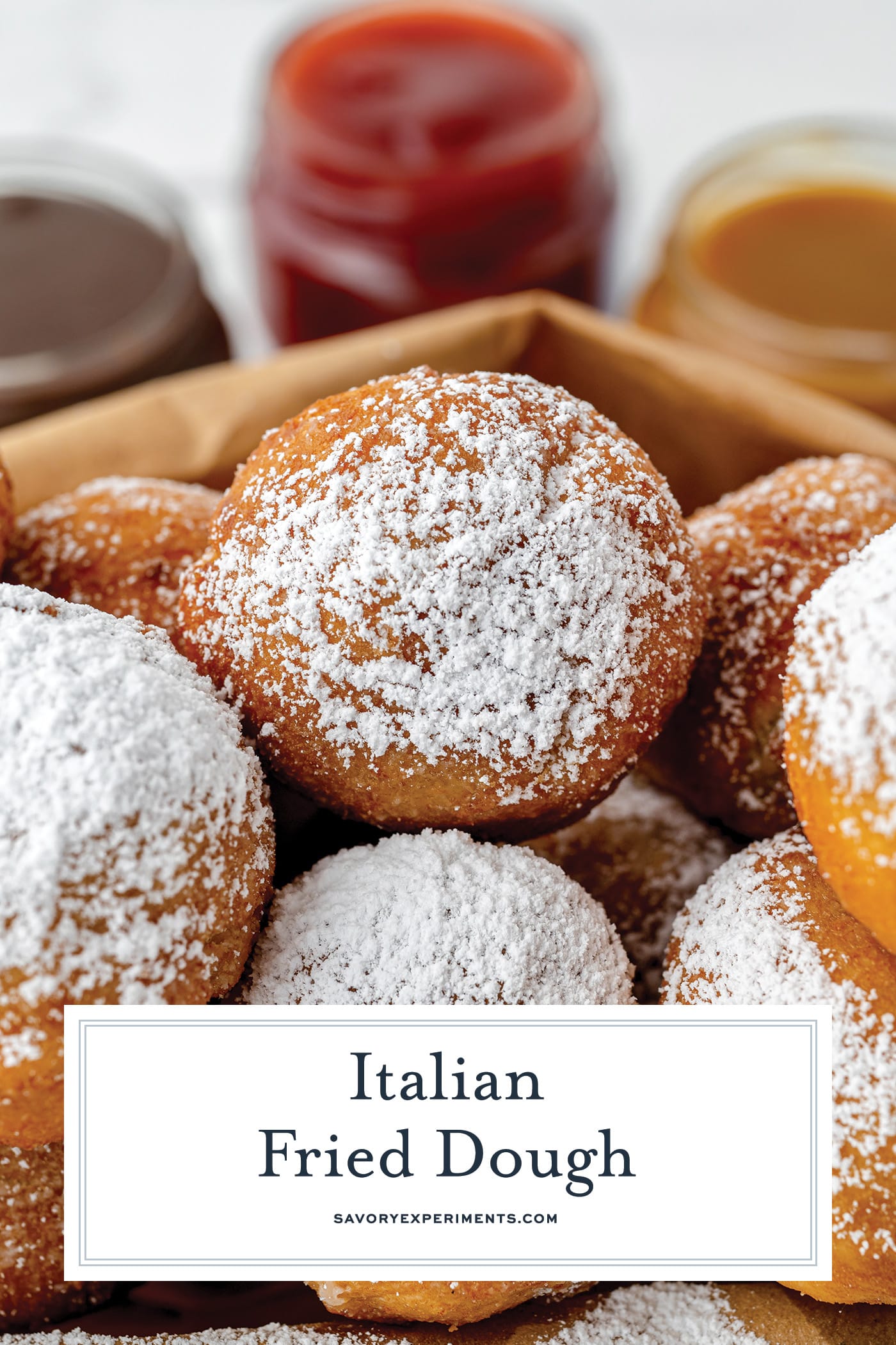 close up of bag of italian fried dough with text overlay for pinerest