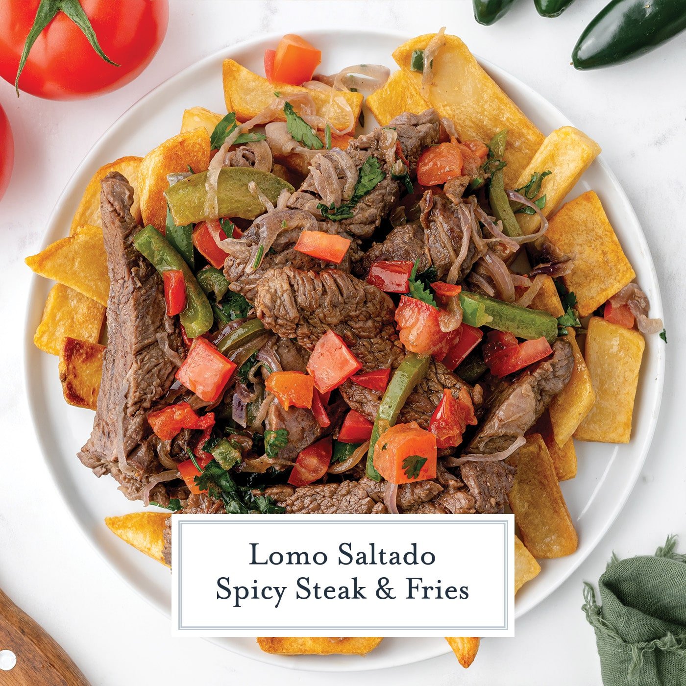 lomo saltado recipe with text overlay