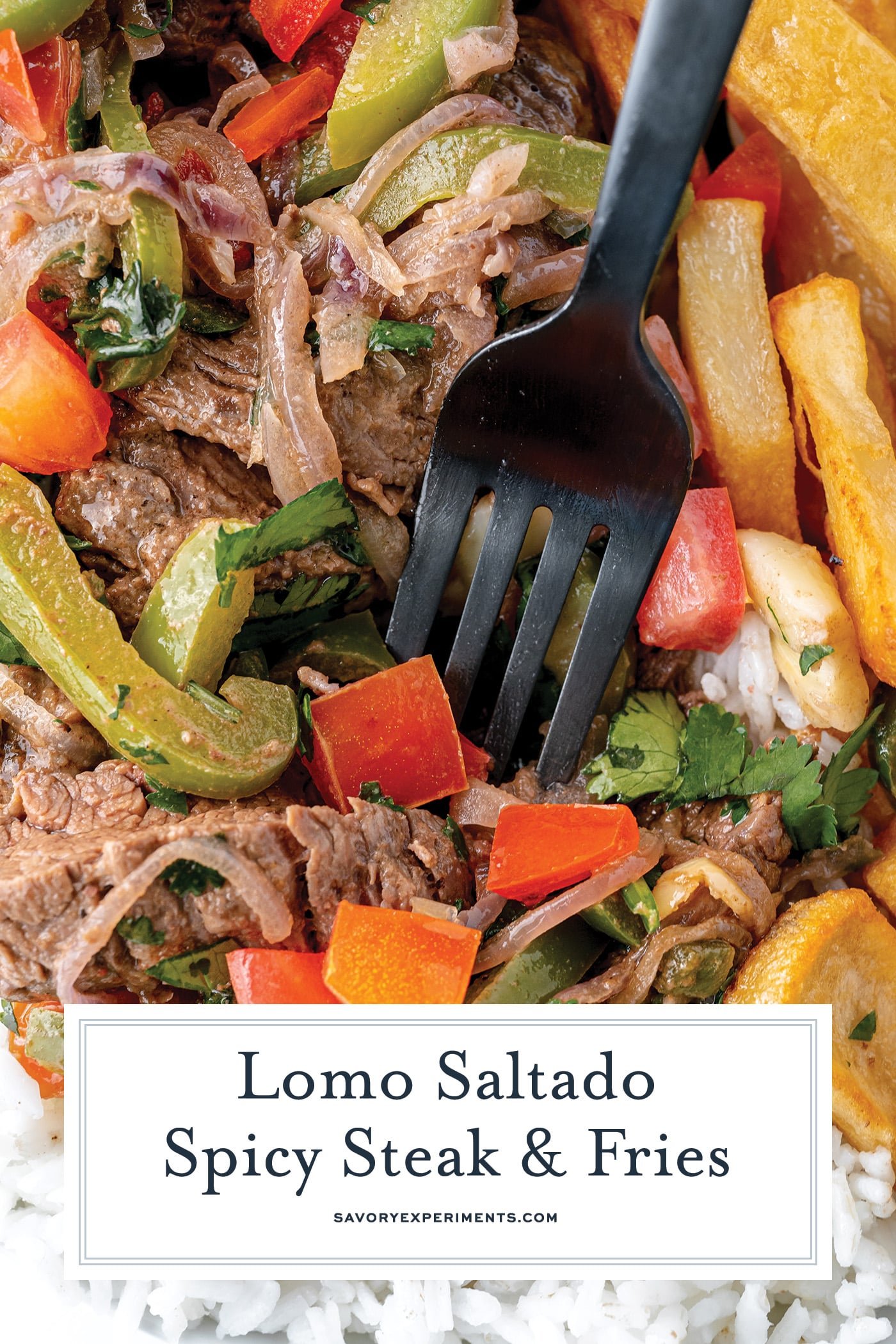 fork digging into lomo saltado for pinterest