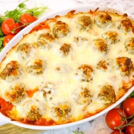 angled shot of meatball casserole