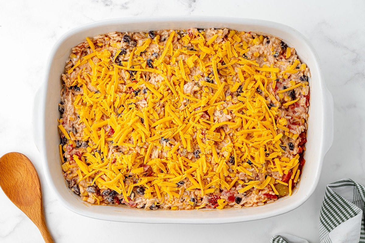 shredded cheese on top of casserole