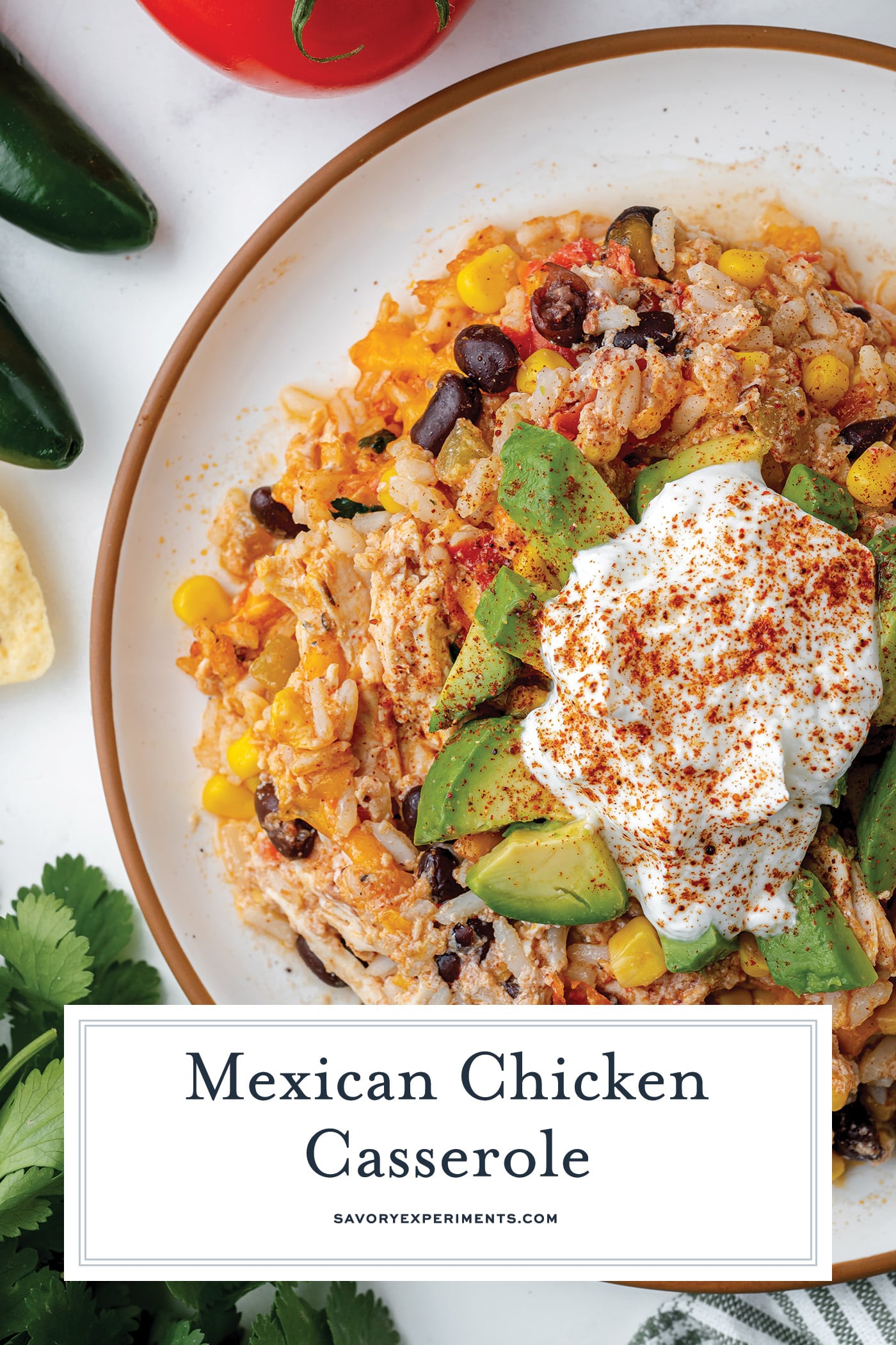 overhead shot of plate of mexican chicken casserole with text overly for pinterest