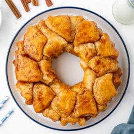 overhead shot of baked monkey bread on a plate