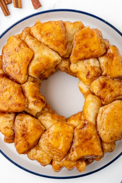 overhead shot of baked monkey bread on a plate