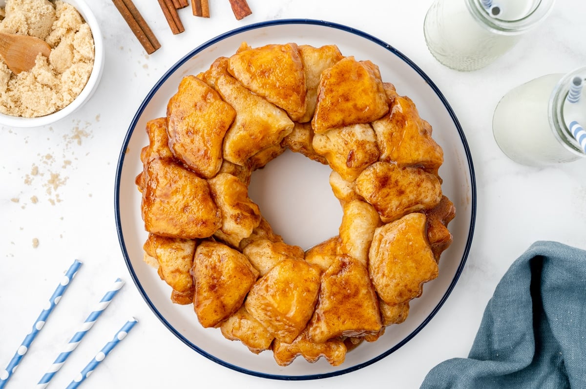 overhead shot of baked monkey bread on a plate