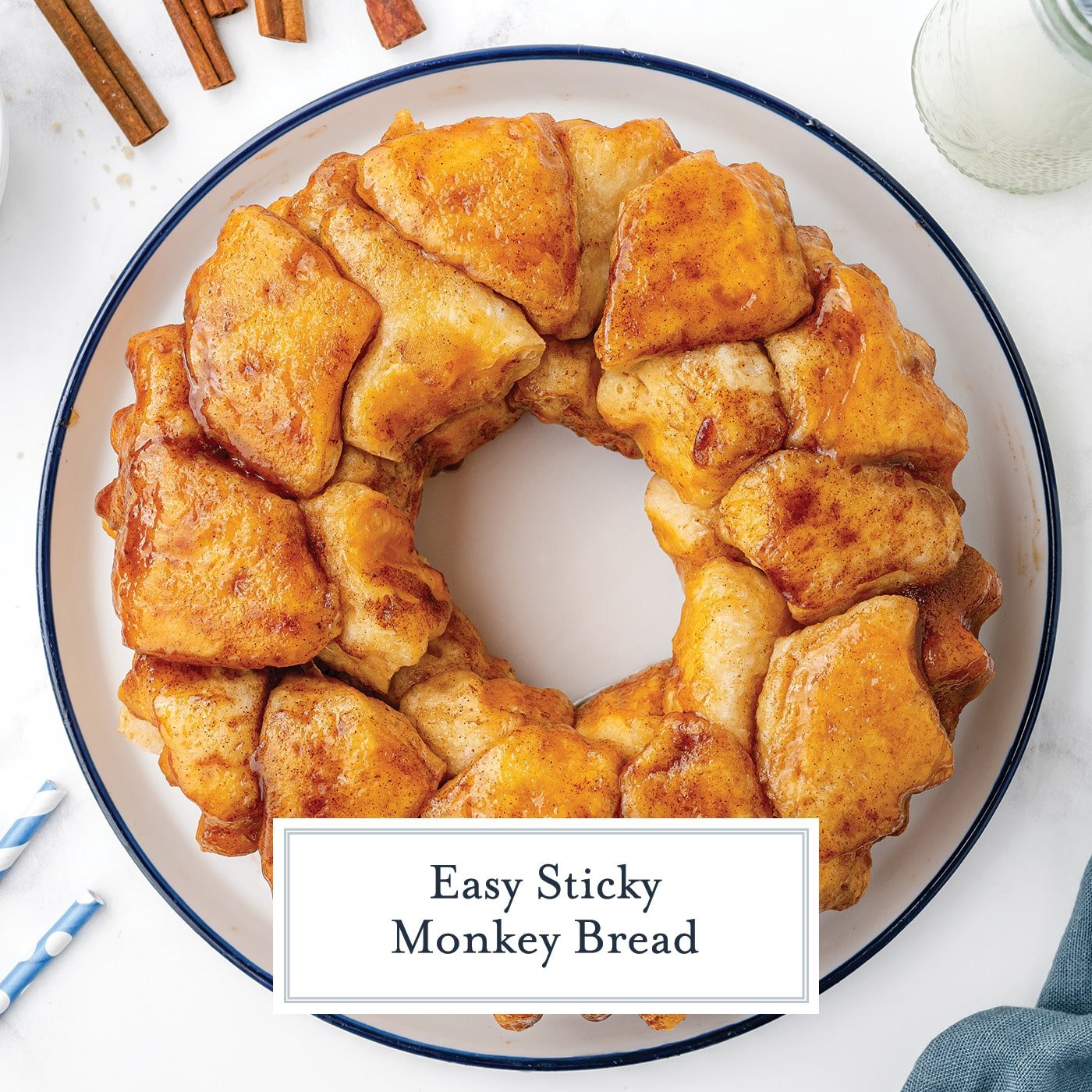 overhead shot of monkey bread with text overlay for facebook