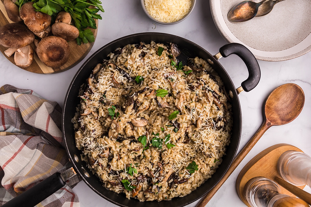 mushroom risotto in a skillet