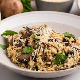 angled shot of plate of mushroom risotto