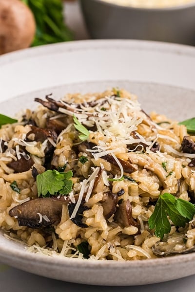angled shot of plate of mushroom risotto