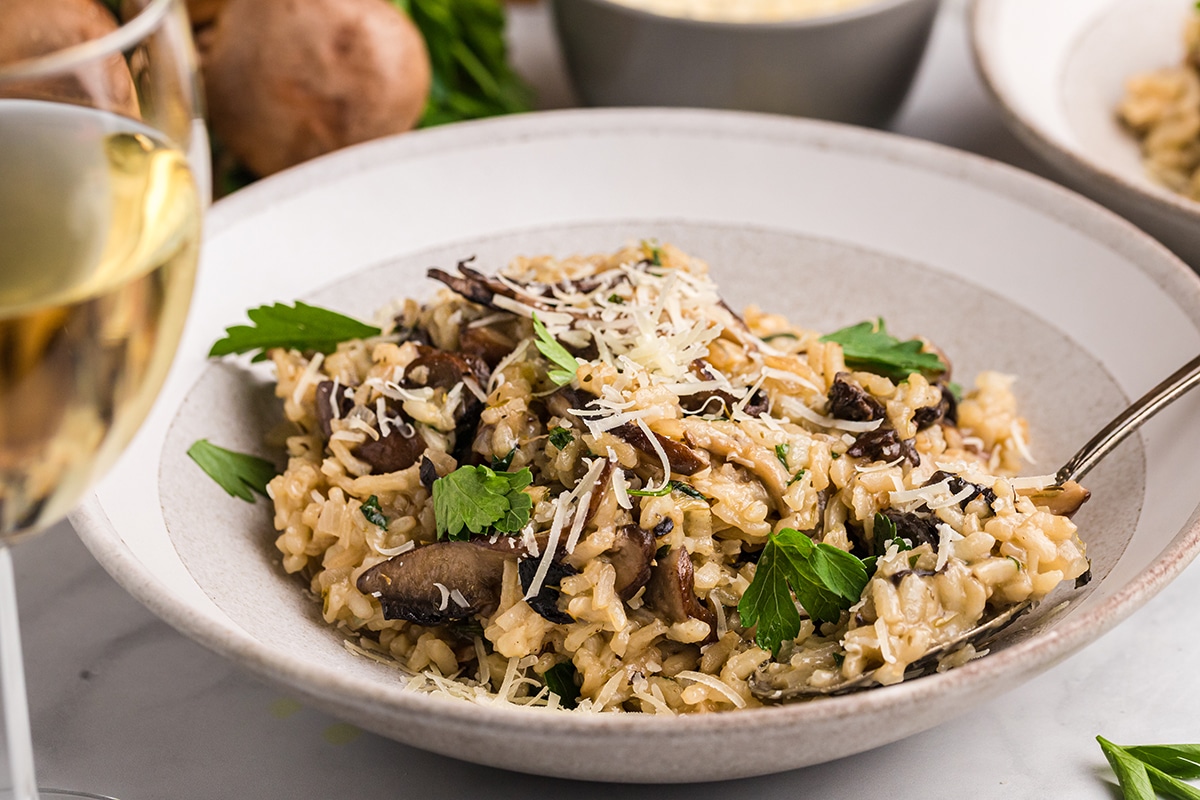 angled shot of plate of mushroom risotto