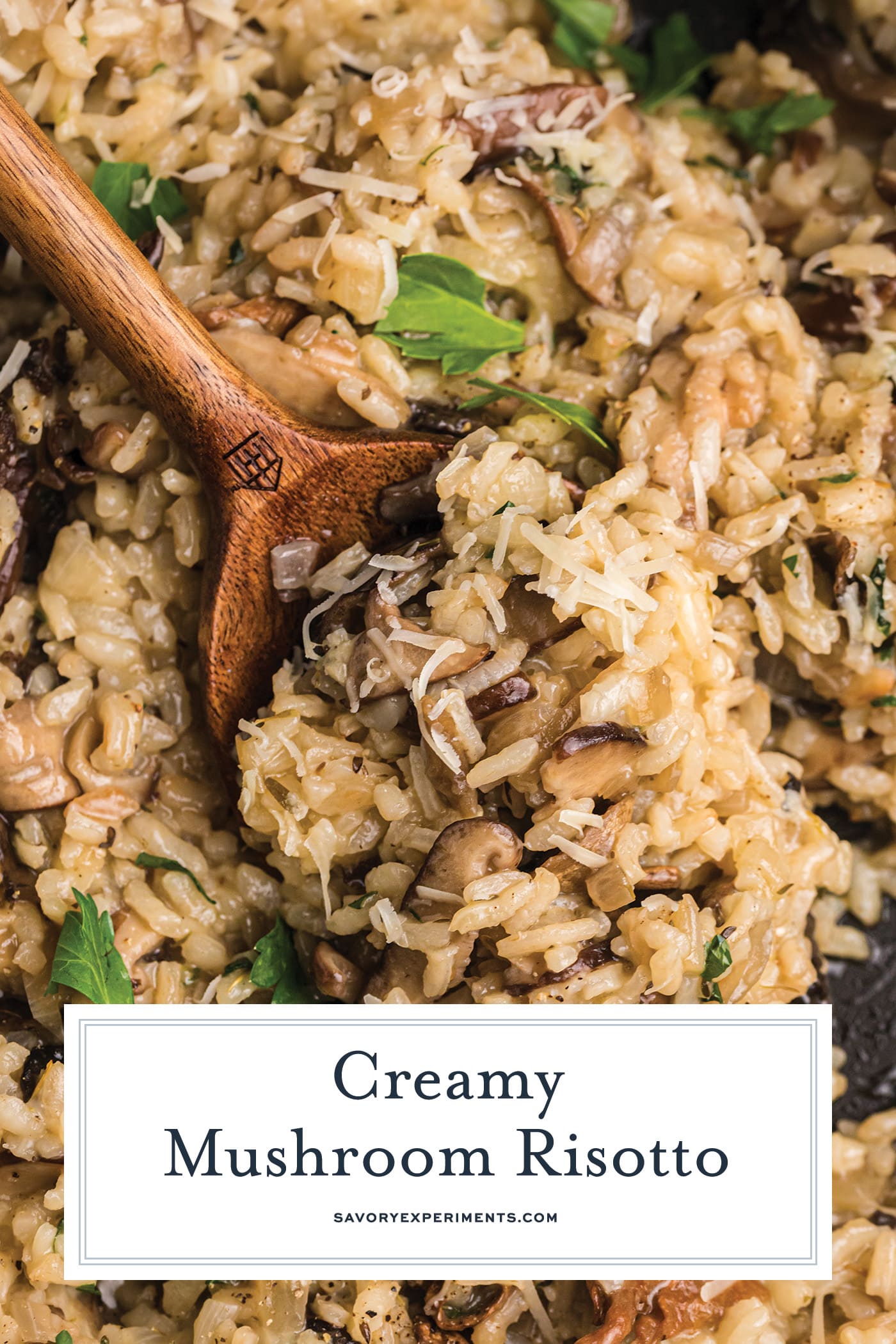 wooden spoon in pan of risotto with text overlay for pinterest