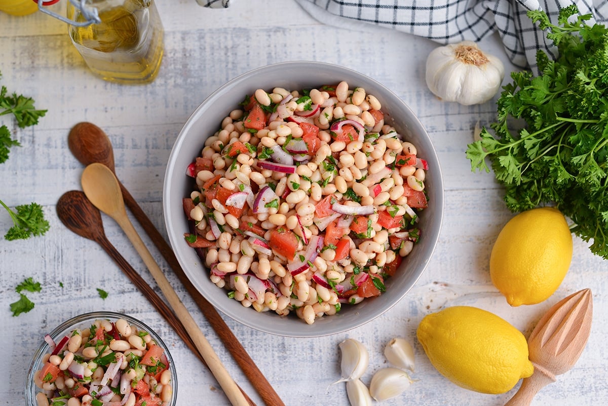 overhead of cold bean salad in a gray serving bowl