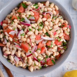 close up overhead of mediterranean bean salad