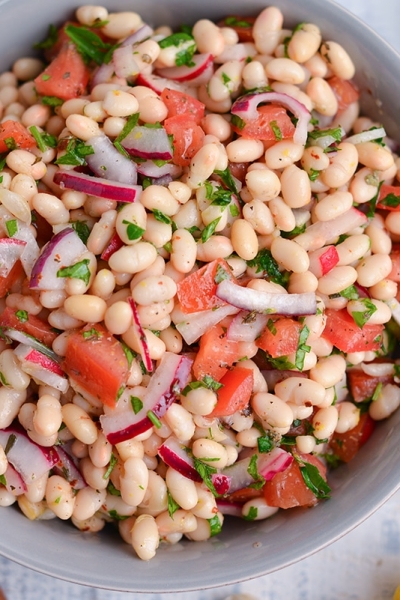 close up overhead of mediterranean bean salad