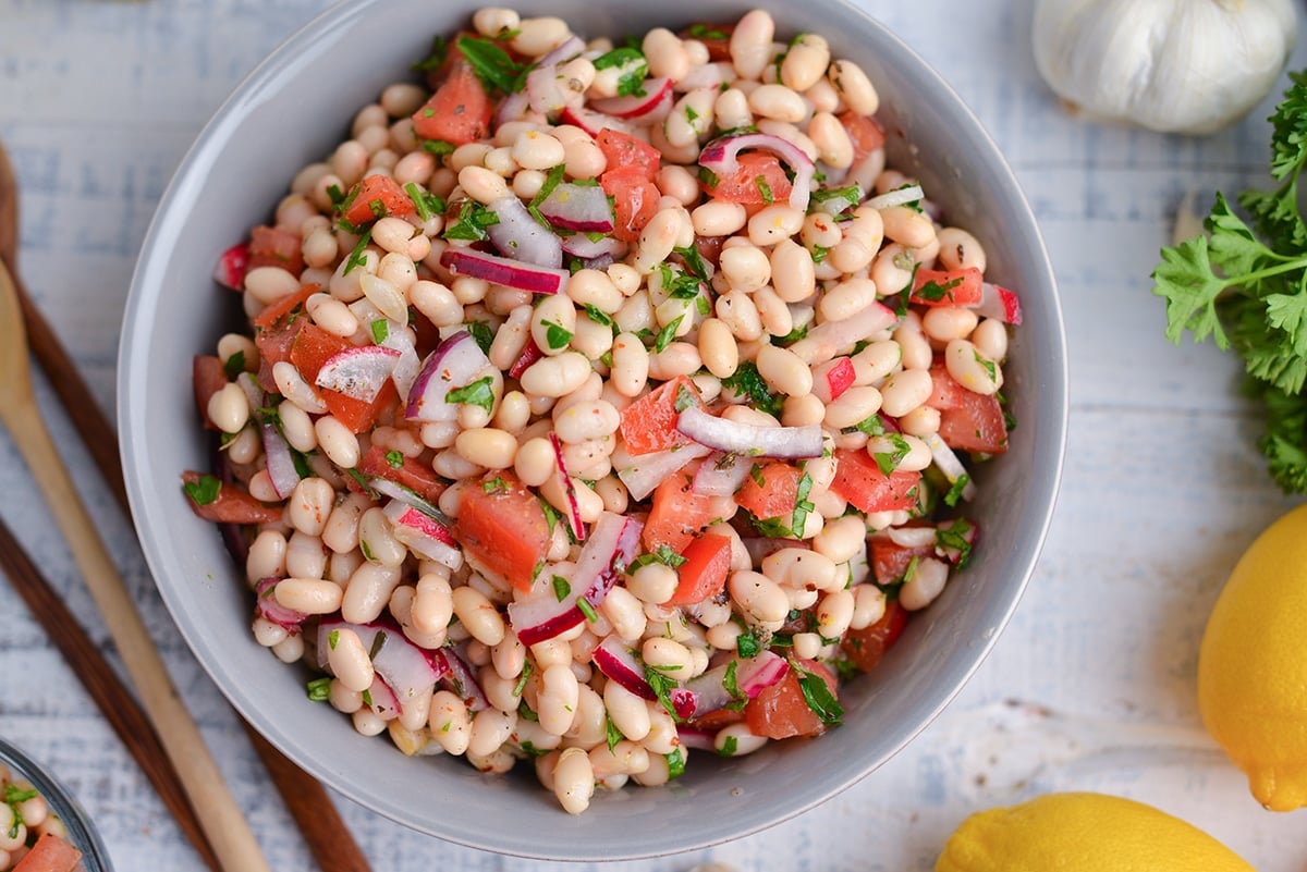 close up overhead of mediterranean bean salad