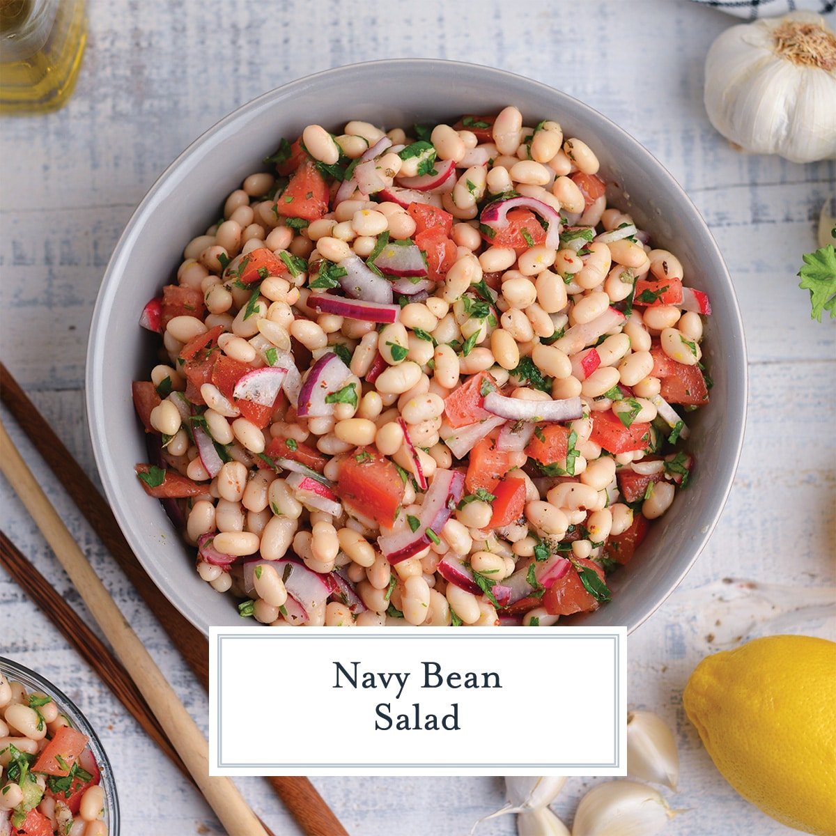 navy bean salad with text overlay