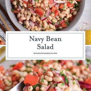 collage of navy bean salad images