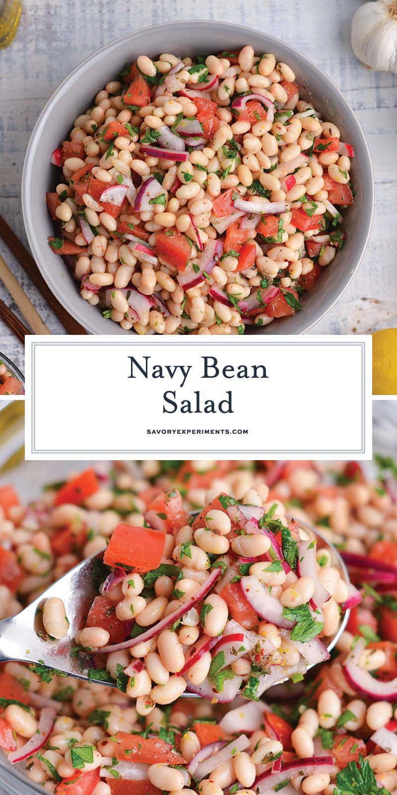 collage of navy bean salad images