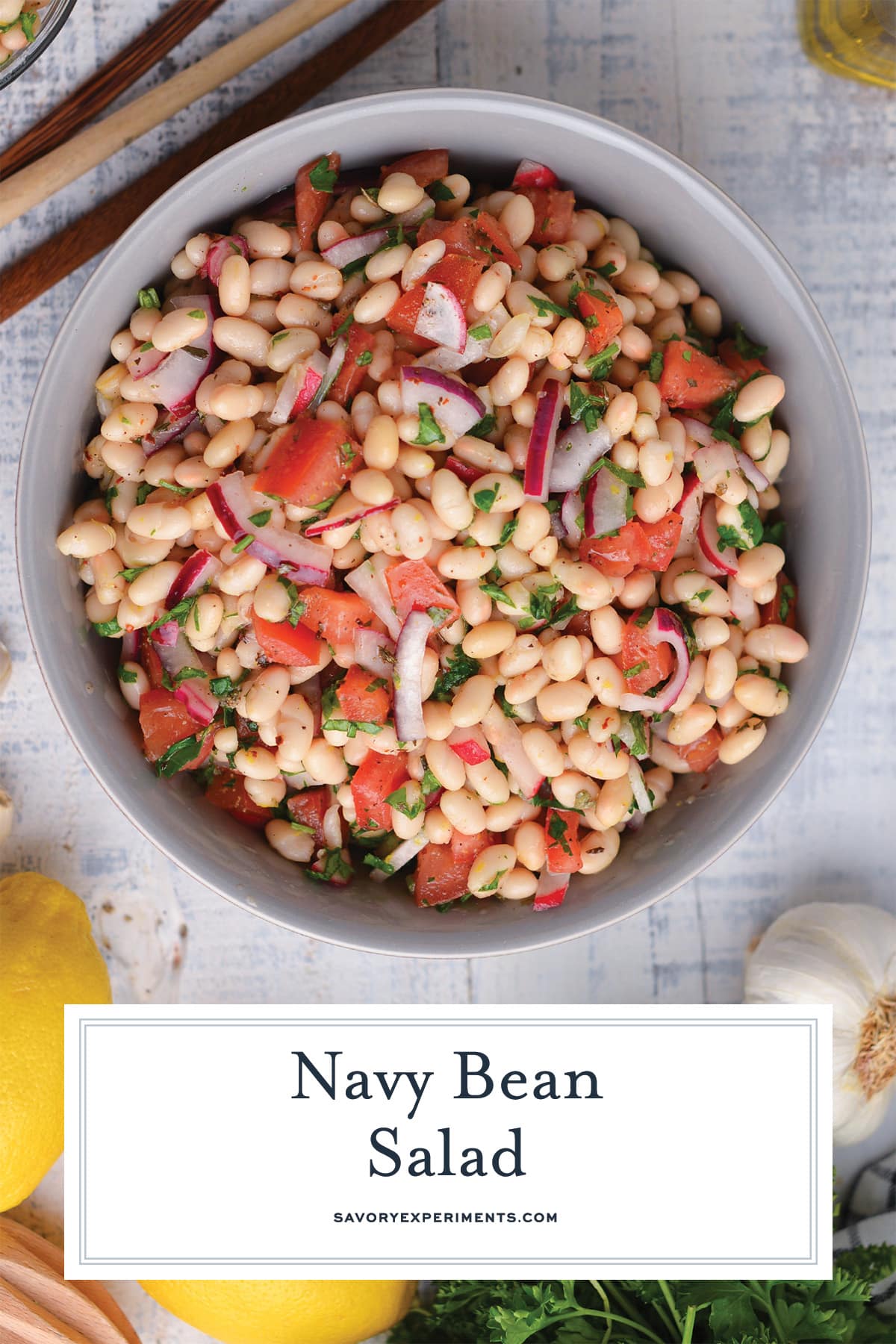 navy bean salad with text overlay
