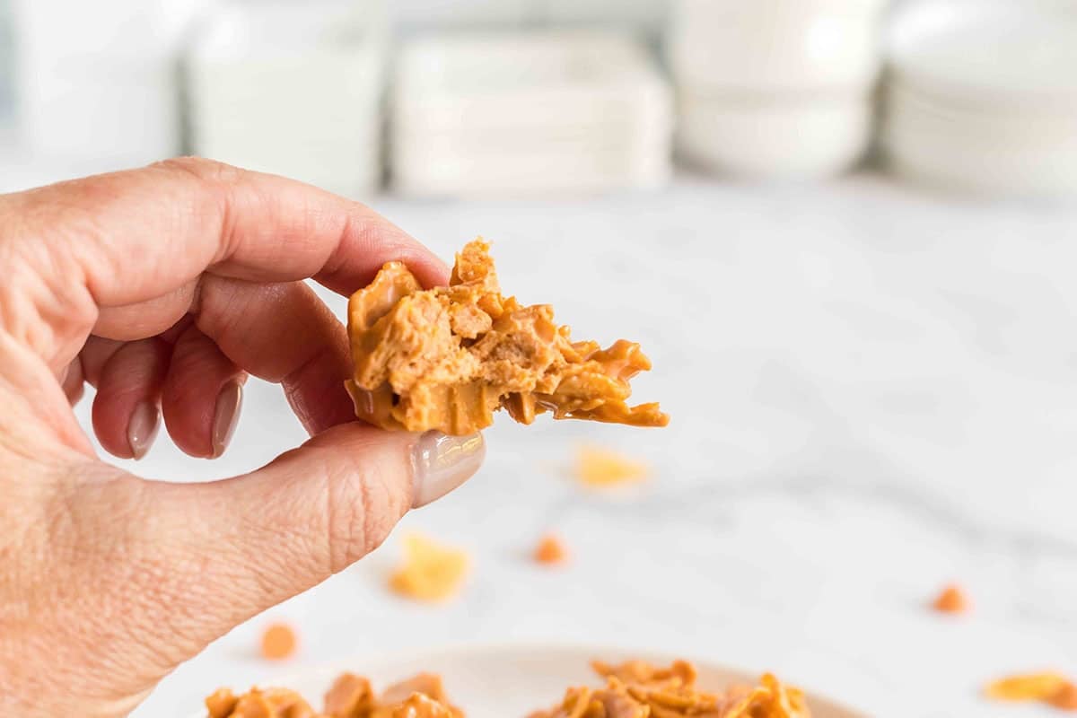 hand holding butterscotch no bake cookie