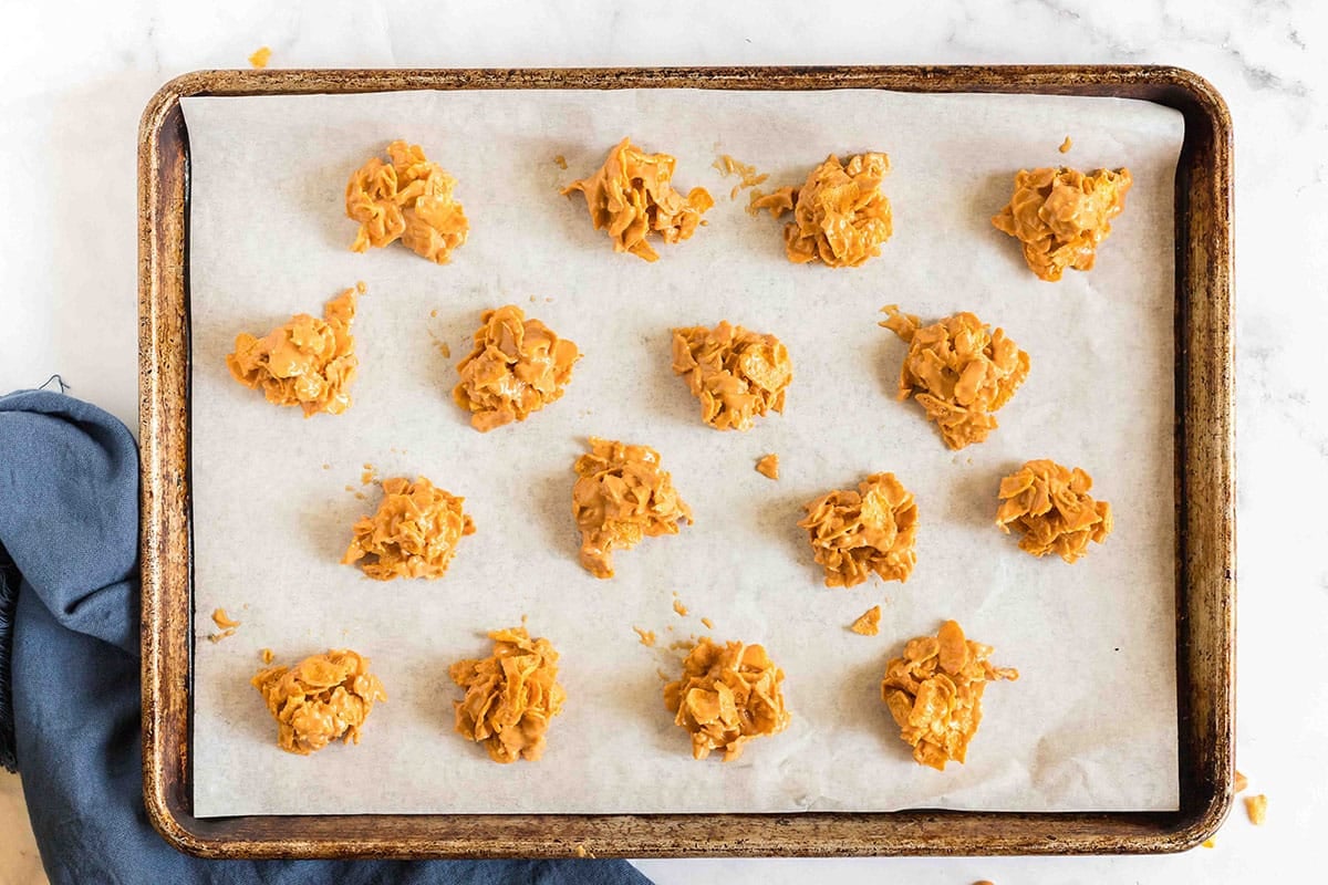 butterscotch no bake cookies on a sheet pan