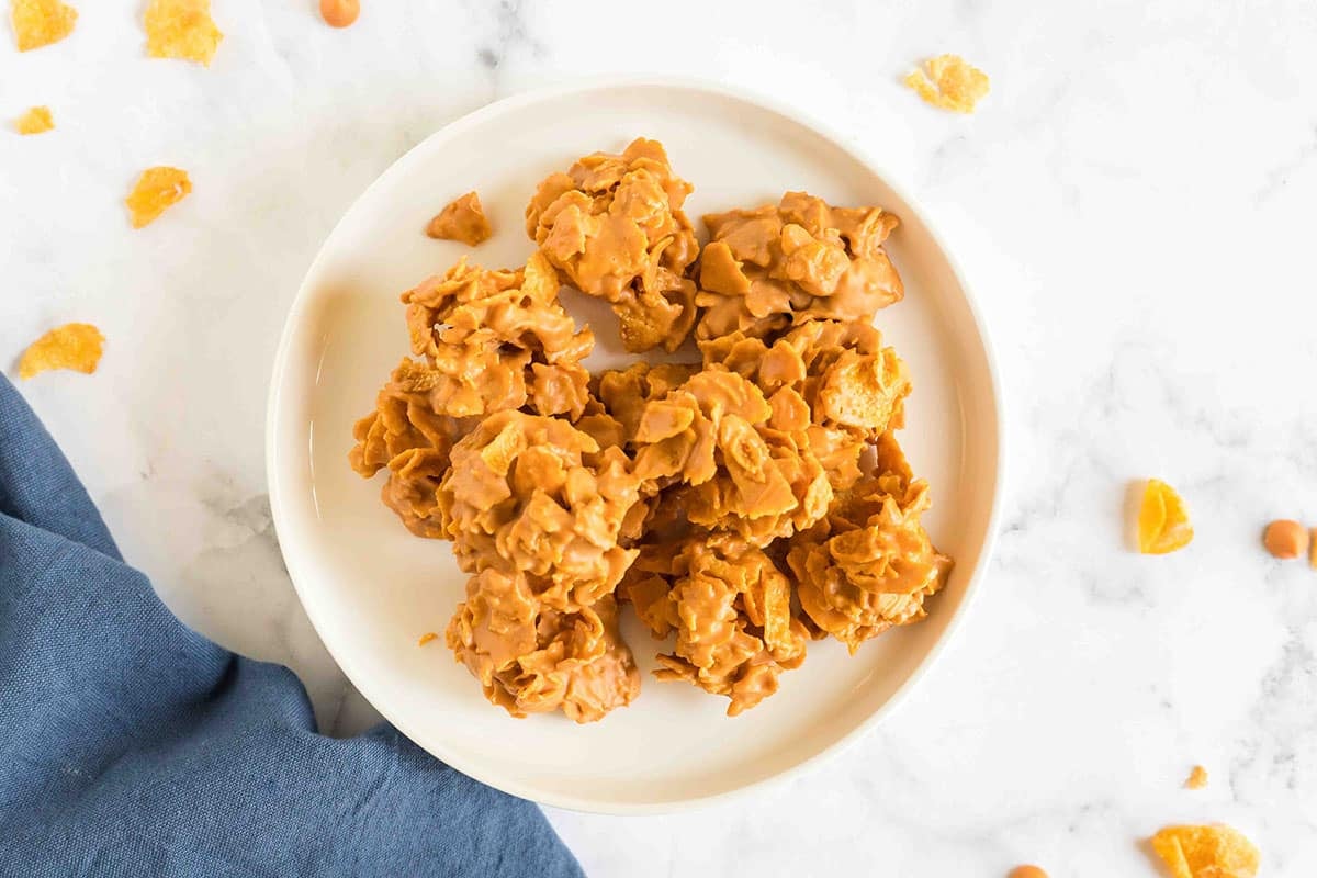 overhead shot of no bake butterscotch cookies on a plate