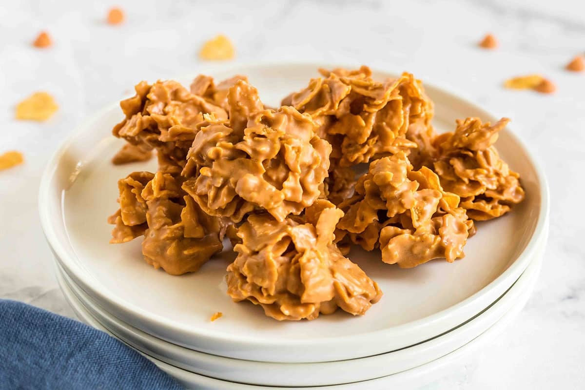 angled shot of butterscotch no bake cookies