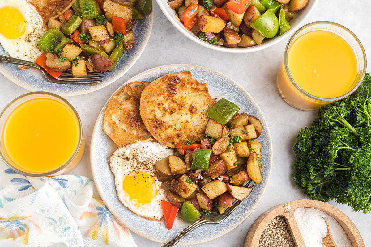 overhead shot of breakfast spread