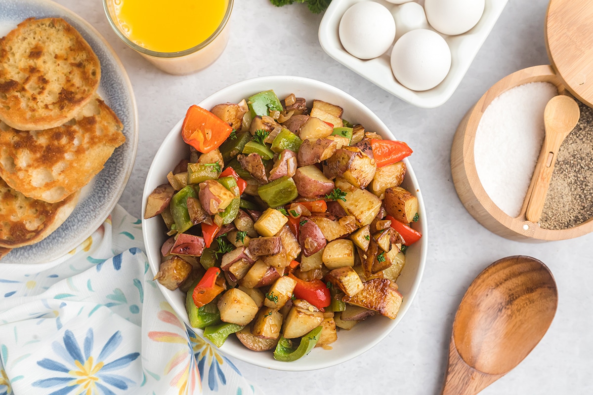 overhead shot of bowl of potatoes o'brien