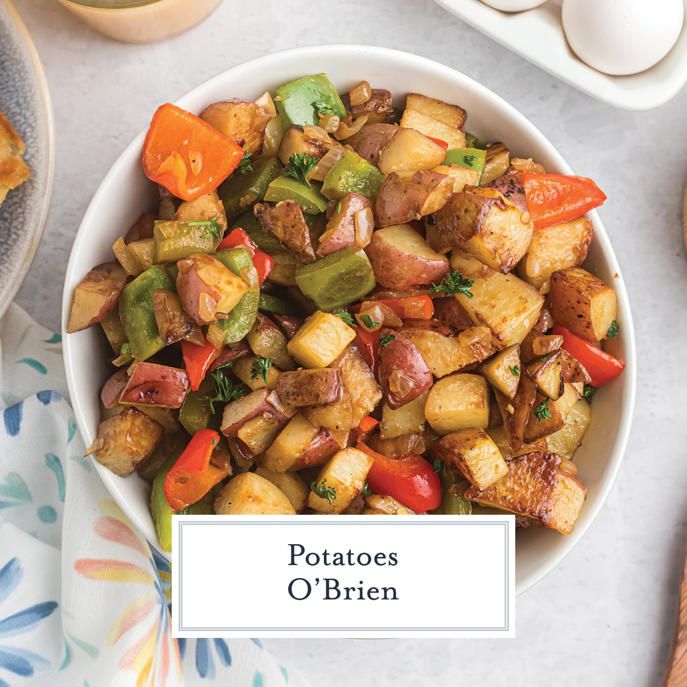 bowl of potatoes and peppers with text overlay for facebook