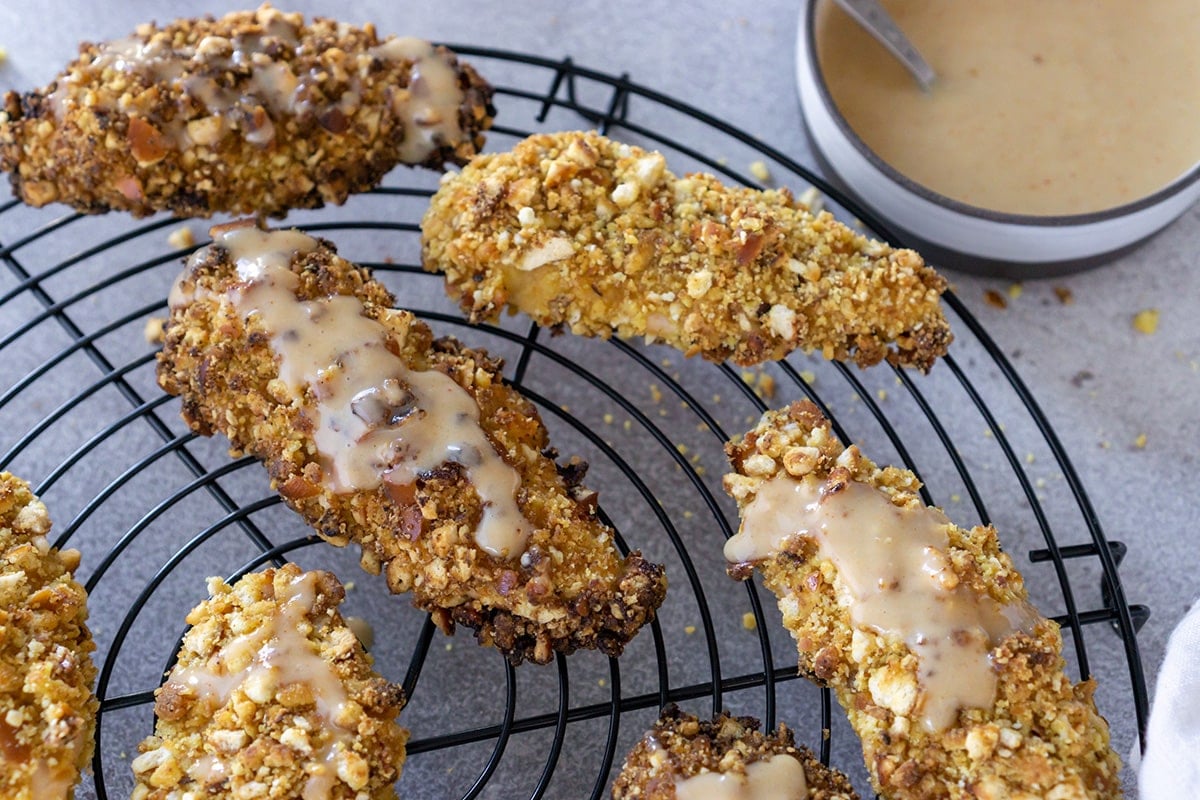 honey mustard sauce on pretzel crusted chicken tenders