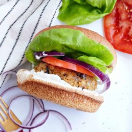 overhead shot of quinoa mushroom burger