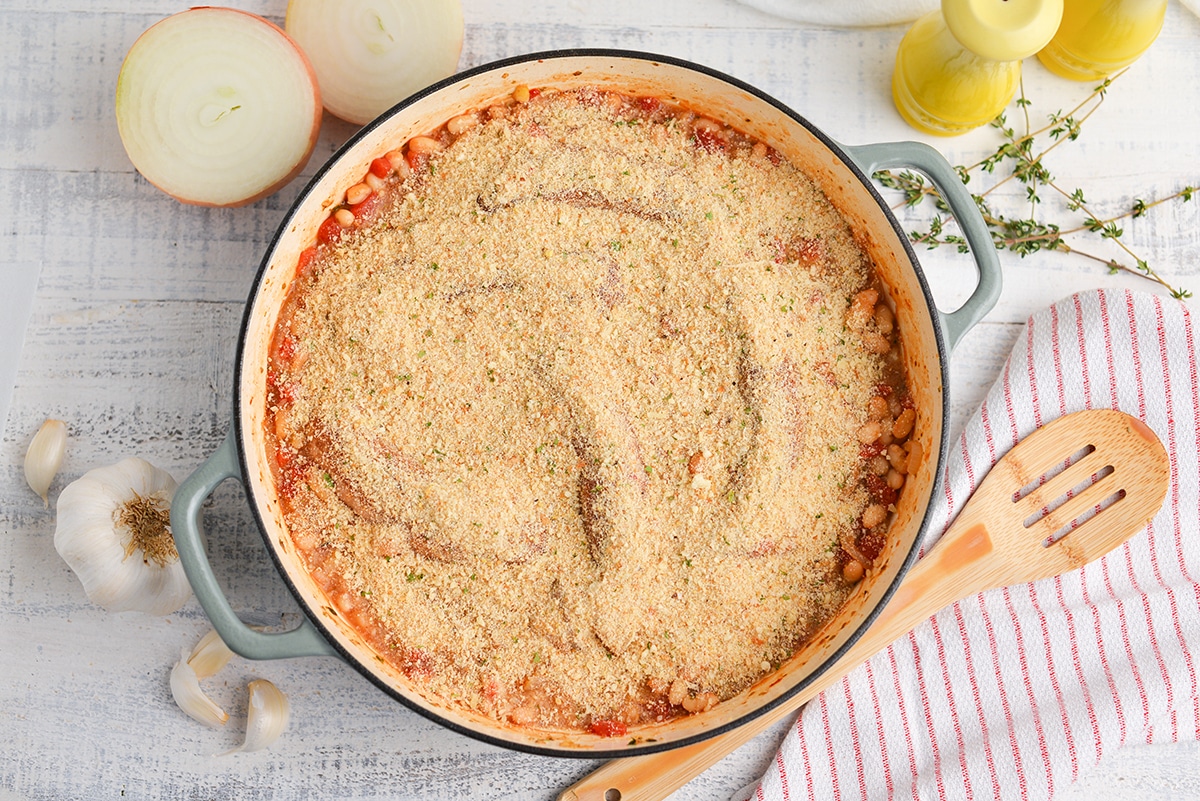 sausage and bean cassoulet topped with seasoned bread crumbs