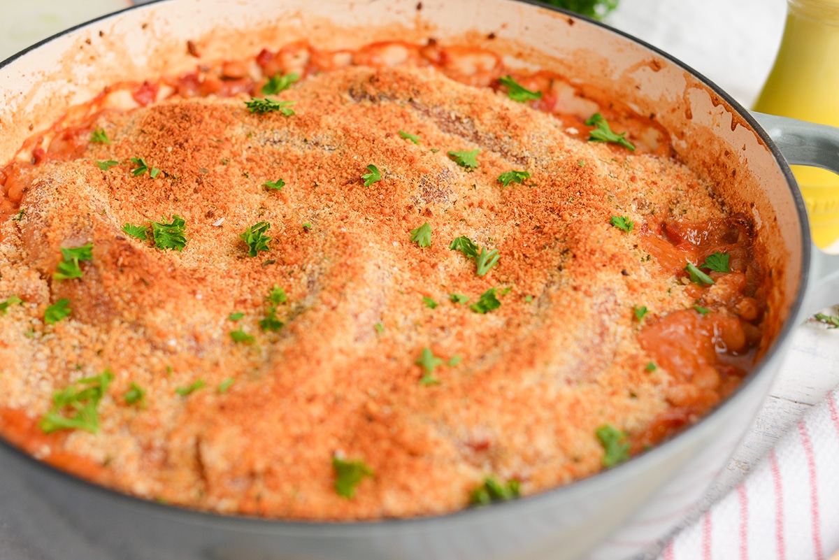 angle shot of bread crumb topping in a casserole dish