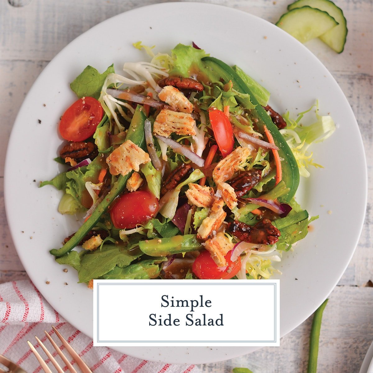 side salad on a white plate with text overlay