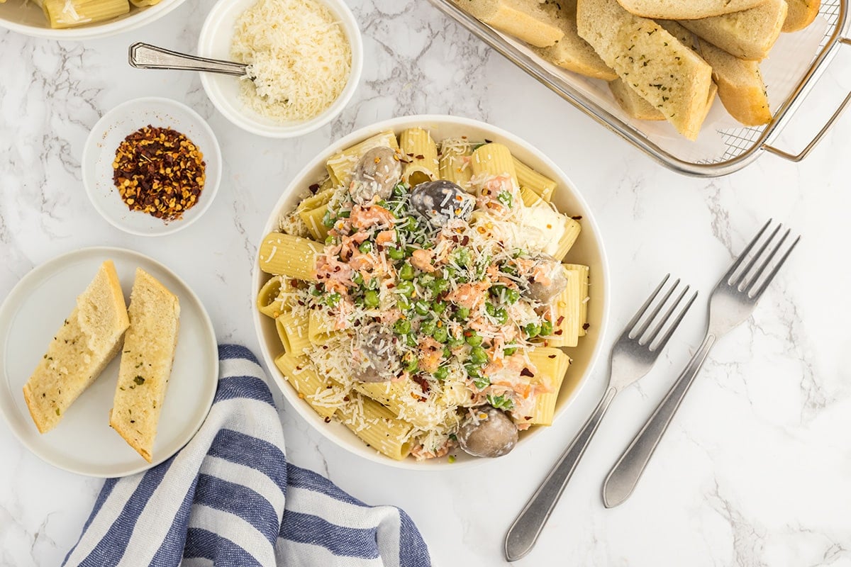 overhead shot of smoked salmon pasta in bowl