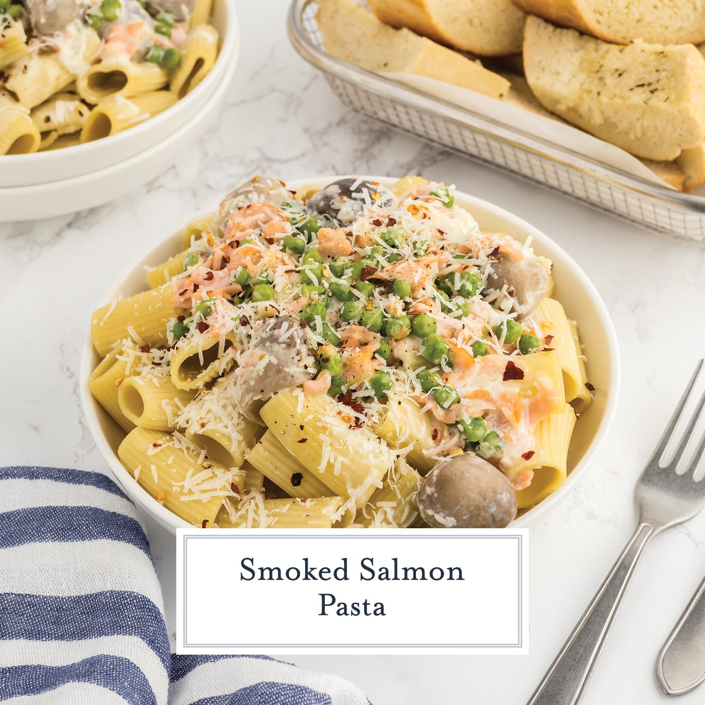 bowl of smoked salmon pasta with text overlay for facebook