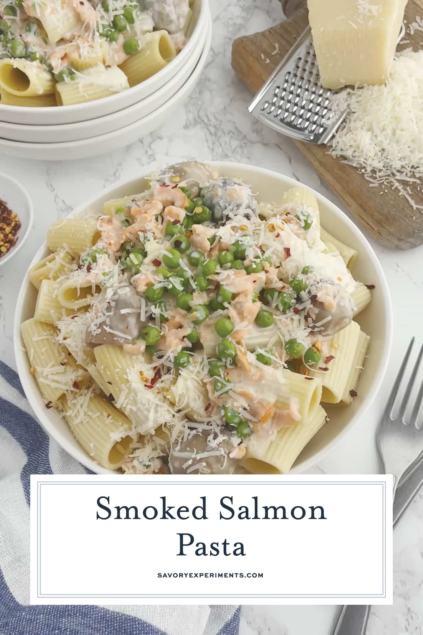 bowl of creamy salmon pasta with text overlay for pinterest