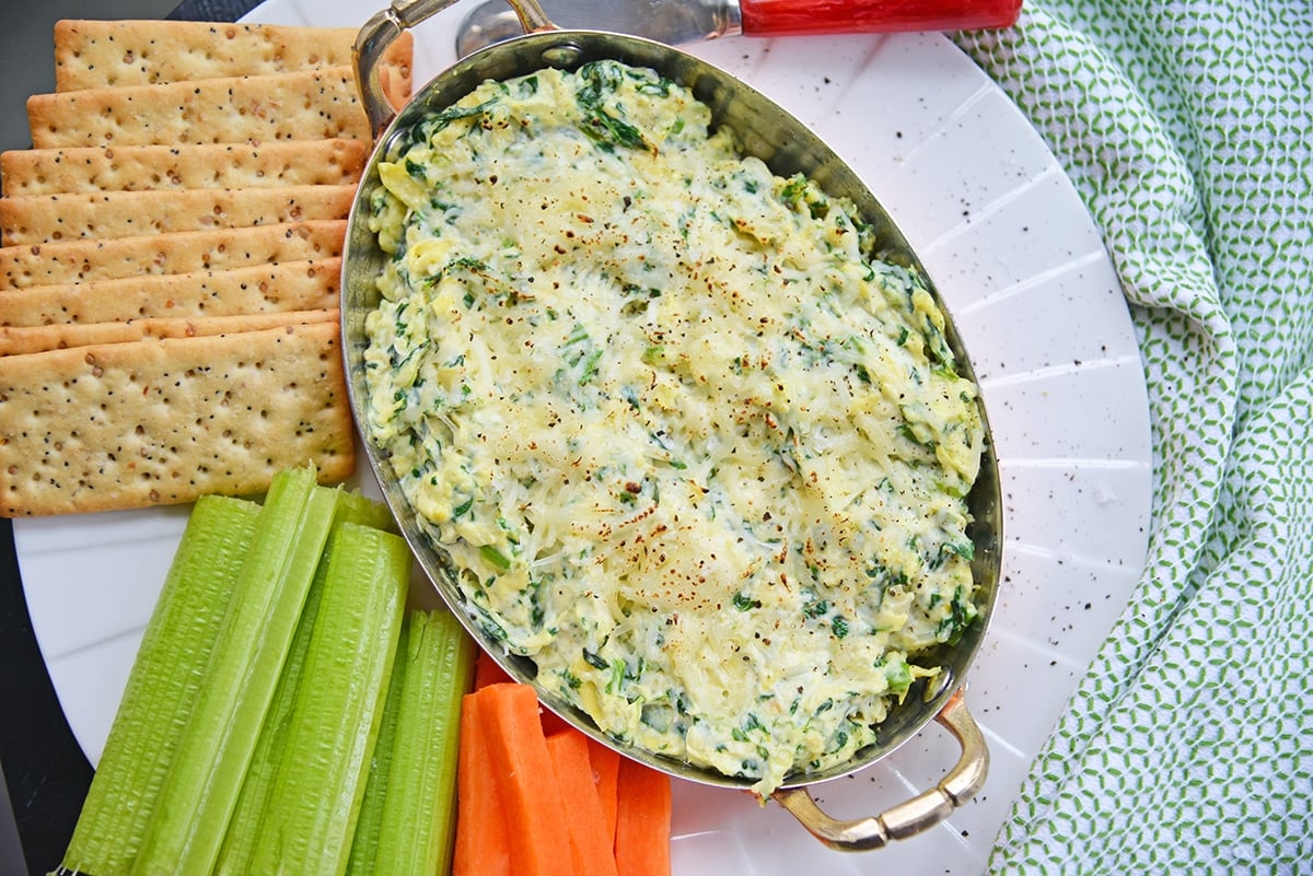 overhead of spinach and artichoke dip
