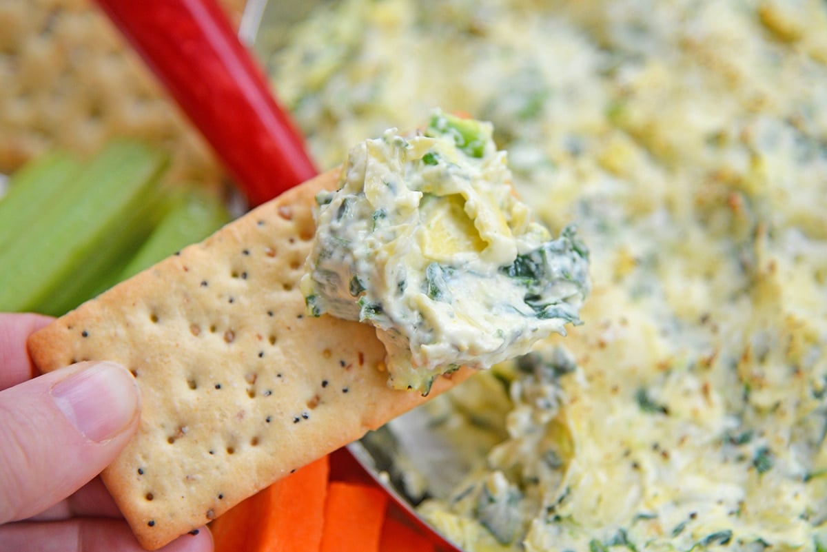 cracker with hot spinach and artichoke dip