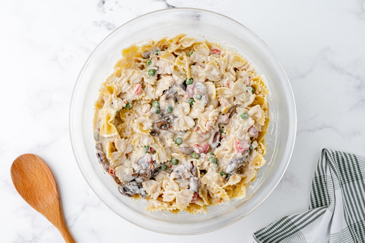 tuna noodle filling in a bowl